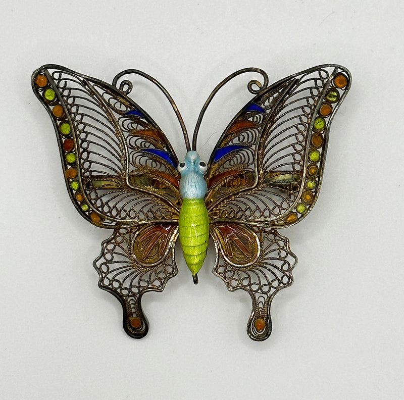 Antique Silver and Enamel Butterfly Brooch