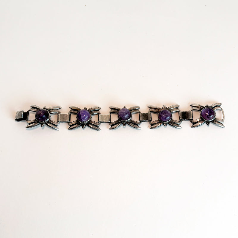 Early Mexican Silver and Amethyst Vintage Link Bracelet