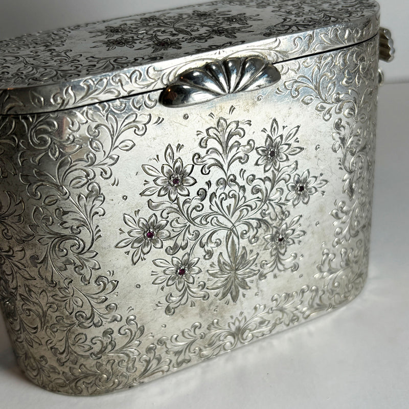 Rare Art Deco Silver Plate Vanity Makeup Case with 19 Inset Rubies