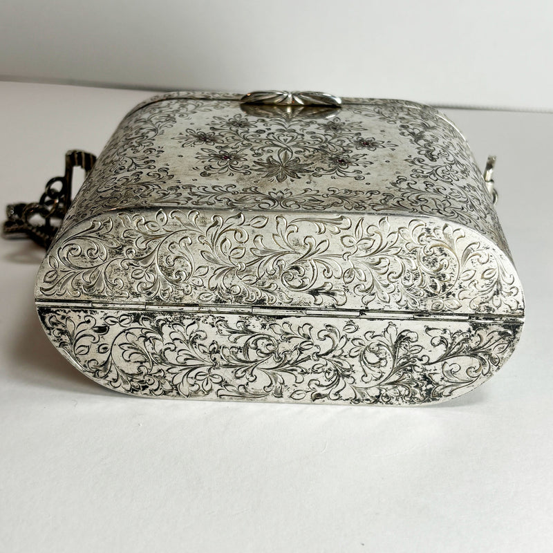 Rare Art Deco Silver Plate Vanity Makeup Case with 19 Inset Rubies