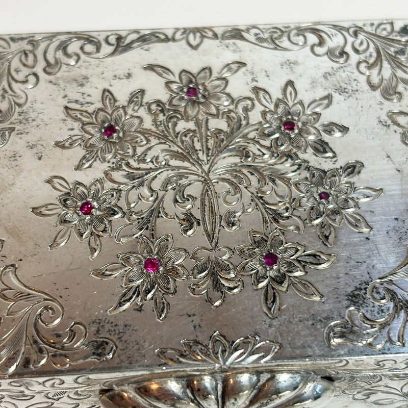 Rare Art Deco Silver Plate Vanity Makeup Case with 19 Inset Rubies