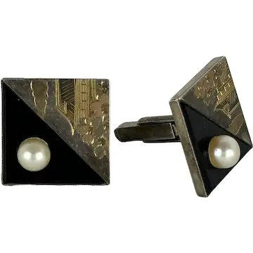 Mid Century Japanese Black Onyx Silver and Pearl Square Cufflinks