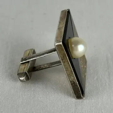 Mid Century Japanese Black Onyx Silver and Pearl Square Cufflinks