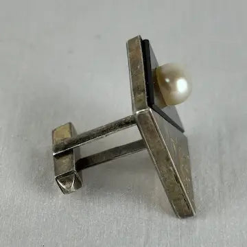 Mid Century Japanese Black Onyx Silver and Pearl Square Cufflinks