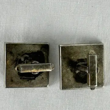 Mid Century Japanese Black Onyx Silver and Pearl Square Cufflinks