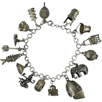 Midcentury Asian Themed Charm Bracelet with 16 Charms