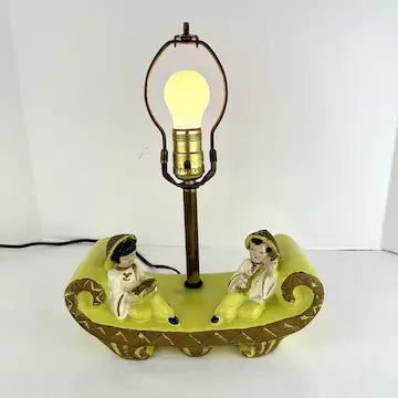 Midcentury Kitsch Ceramic Lamp with Asian Figures and Tiered Shade