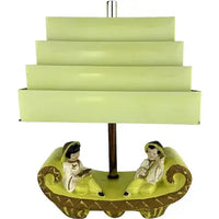 Midcentury Kitsch Ceramic Lamp with Asian Figures and Tiered Shade