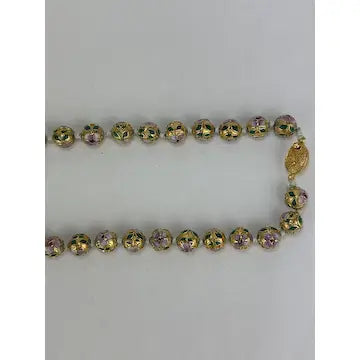 Opera Length Gilt Cloisonné Necklace with Enameled Flowers