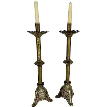 Pair of Antique Italian Paschal Brass Altar Candlesticks