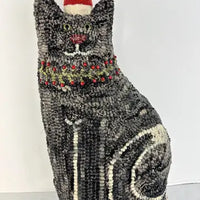 Primitive Folk Art Hand Hooked Christmas Cat Signed