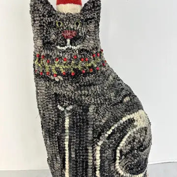 Primitive Folk Art Hand Hooked Christmas Cat Signed