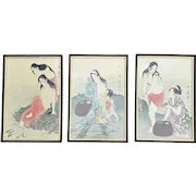 Set of Three Vintage Japanese Woodcut Reprints by Kitagawa Utamaro