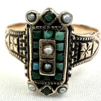 Victorian 10k Gold Turquoise and Seed Pearl Ring Size 6.75