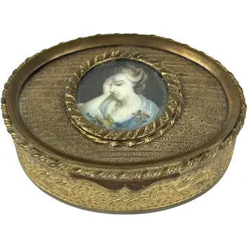 Victorian French Bronze Trinket Box With Hand Painted Portrait