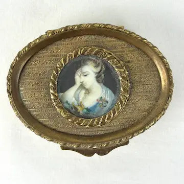 Victorian French Bronze Trinket Box With Hand Painted Portrait