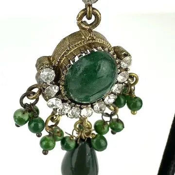 Victorian Jade Rhinestone and Glass Drop Earrings