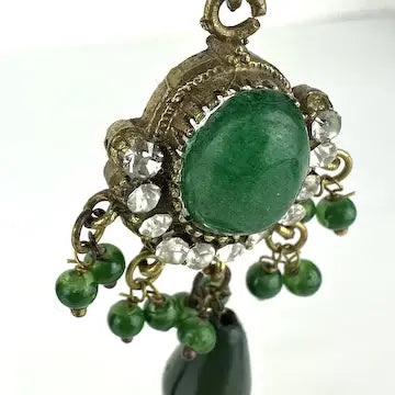 Victorian Jade Rhinestone and Glass Drop Earrings