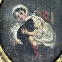 Victorian Oil Painting of a Girl and Her Dog in an Ornate Gilded Frame