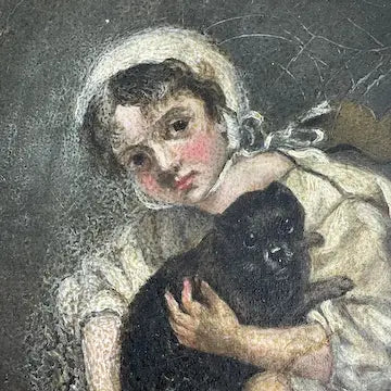 Victorian Oil Painting of a Girl and Her Dog in an Ornate Gilded Frame