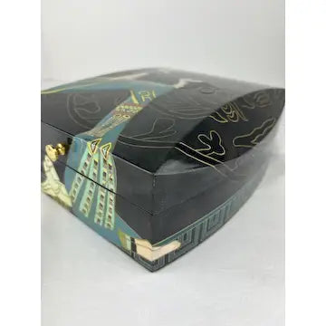 Vintage Black Lacquerware Jewelry Box with Egyptian Style Woman and Birds