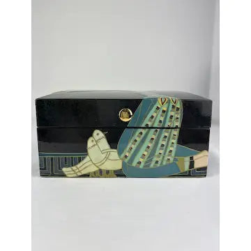 Vintage Black Lacquerware Jewelry Box with Egyptian Style Woman and Birds