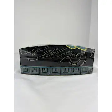 Vintage Black Lacquerware Jewelry Box with Egyptian Style Woman and Birds