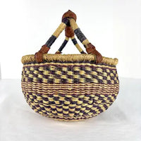 Vintage Bolga African Hand Woven Basket with Leather Handle