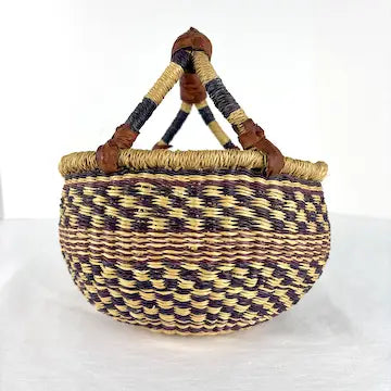 Vintage Bolga African Hand Woven Basket with Leather Handle