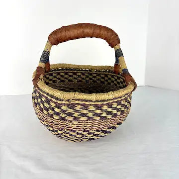 Vintage Bolga African Hand Woven Basket with Leather Handle