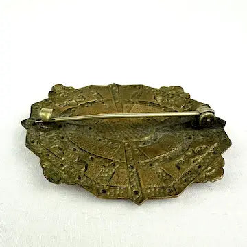 Vintage Brass Goldstone Shield Brooch