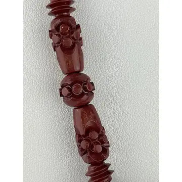 Vintage Carved Chinese Red Lacquer Shou Bead Necklace