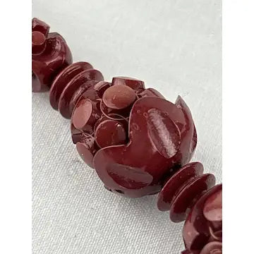 Vintage Carved Chinese Red Lacquer Shou Bead Necklace