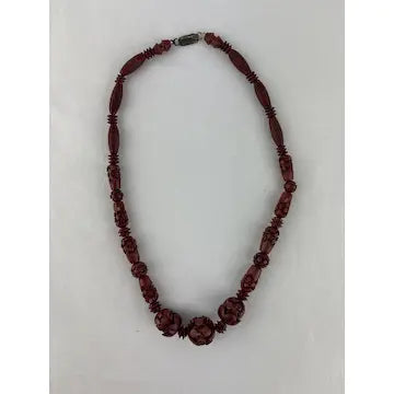 Vintage Carved Chinese Red Lacquer Shou Bead Necklace