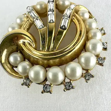 Vintage Crown Trifari Faux Pearl and Rhinestone Brooch