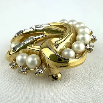 Vintage Crown Trifari Faux Pearl and Rhinestone Brooch