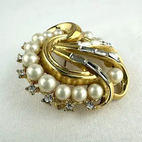 Vintage Crown Trifari Faux Pearl and Rhinestone Brooch