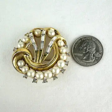 Vintage Crown Trifari Faux Pearl and Rhinestone Brooch