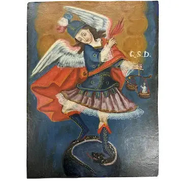 Vintage Cuzco Painting of Angel Holding a Scale and Stepping on a Serpent