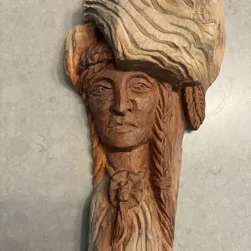 Vintage Folk Art Wood Carving of Native American Face