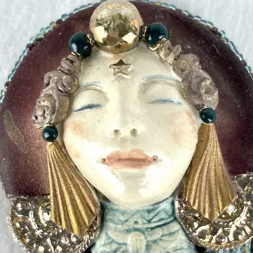 Vintage Hand Made Sculpted Ceramic Brooch of Face of Tarot Priestess