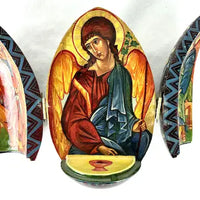 Vintage Hand Painted and Carved Wood Russian Triptych Easter Egg