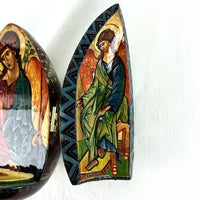 Vintage Hand Painted and Carved Wood Russian Triptych Easter Egg