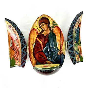 Vintage Hand Painted and Carved Wood Russian Triptych Easter Egg