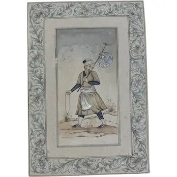 Vintage Indian School Moghul Miniature Painting of a Man Traveling by Foot