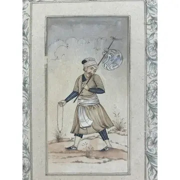 Vintage Indian School Moghul Miniature Painting of a Man Traveling by Foot