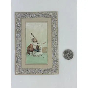 Vintage Indian School Moghul Miniature painting of Seated Man Playing the Sitar