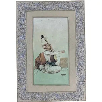 Vintage Indian School Moghul Miniature painting of Seated Man Playing the Sitar