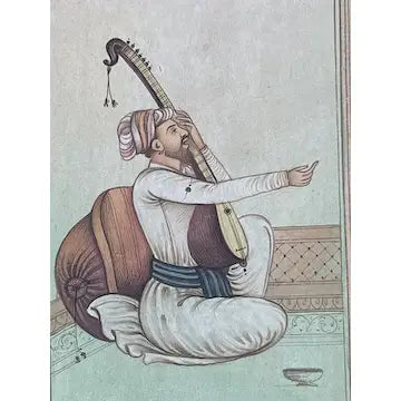 Vintage Indian School Moghul Miniature painting of Seated Man Playing the Sitar