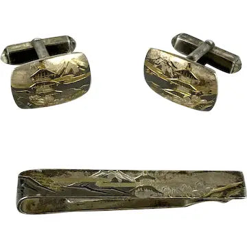 Vintage Japanese Oxidized Silver Cufflinks and Tie Clip with Etched Landscape Scene